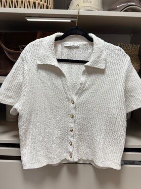 Abercrombie & Fitch Cream knitted Button-Front Short Sleeve Top